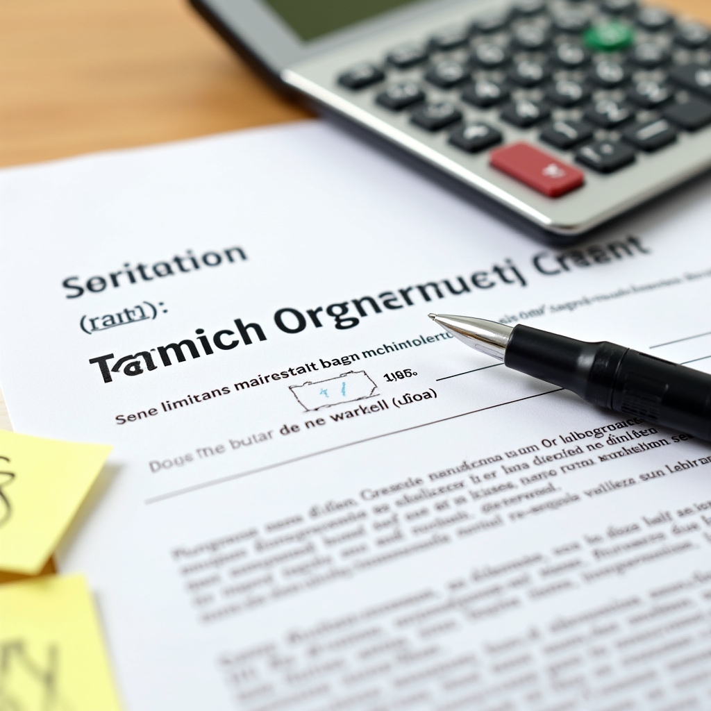 Close-up of a loan agreement document with a calculator and pen, showing interest rate calculation on a wooden desk