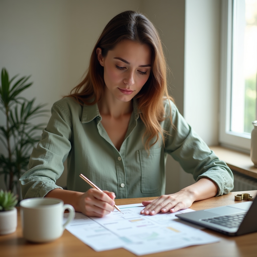 Young Croatian woman reviewing bank documents at a desk, focused expression, natural window light