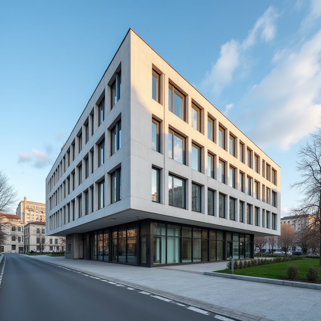 Exterior of a modern Croatian bank building with official signage, clear blue sky, architectural photography style