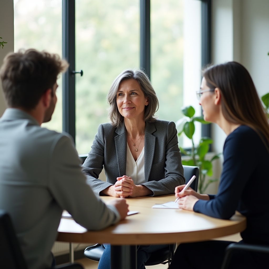 Two people at a mediation table with a neutral mediator, bright modern meeting room, calm collaborative atmosphere