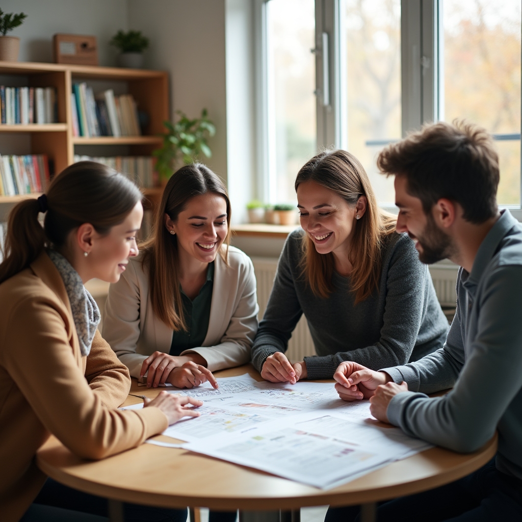 Diverse group of Croatian adults in a community space discussing financial documents, collaborative and engaged atmosphere
